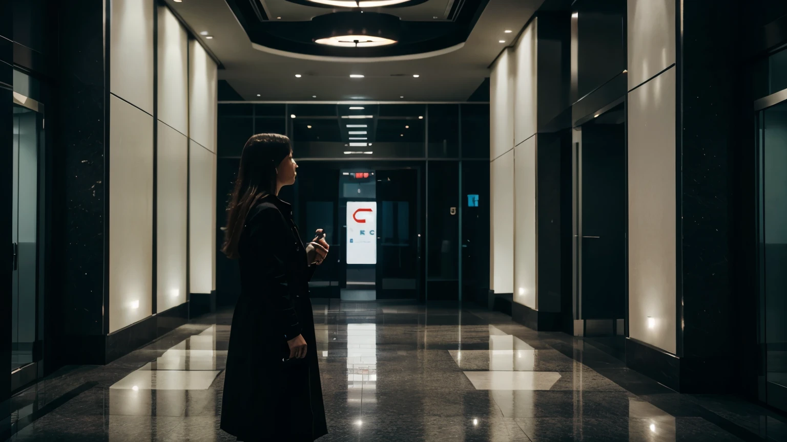 A very scared woman talking to a man in a lobby of a building at night very dark 8K image