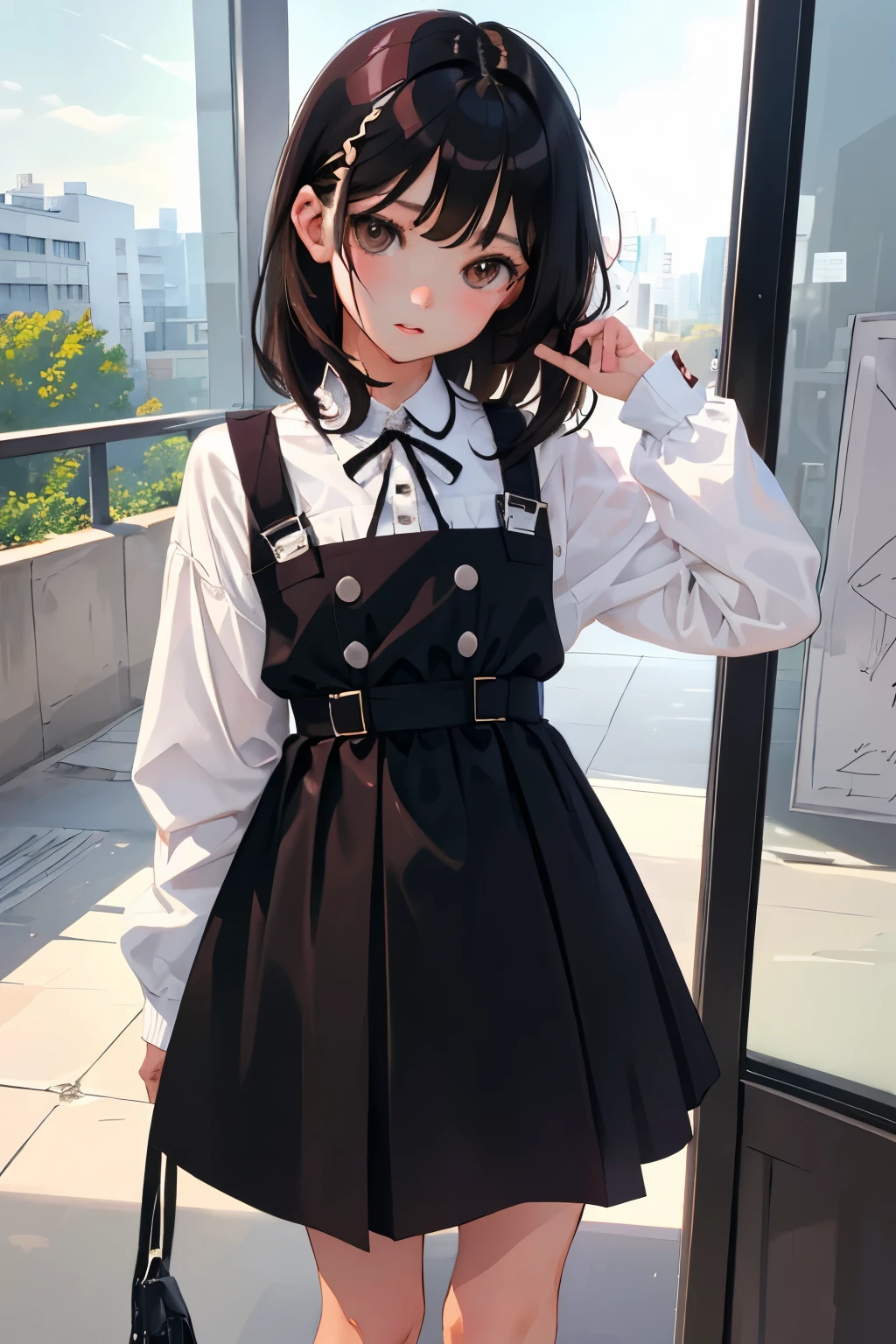 (child)，highest quality，Beautiful face in every detail，cute，Dark brown eyes，(背の低いcute女の子，Small young student，Young delicate girl）,（masterpiece，Top quality)，Black Hair，Sleepy expression，Plaid white skirt