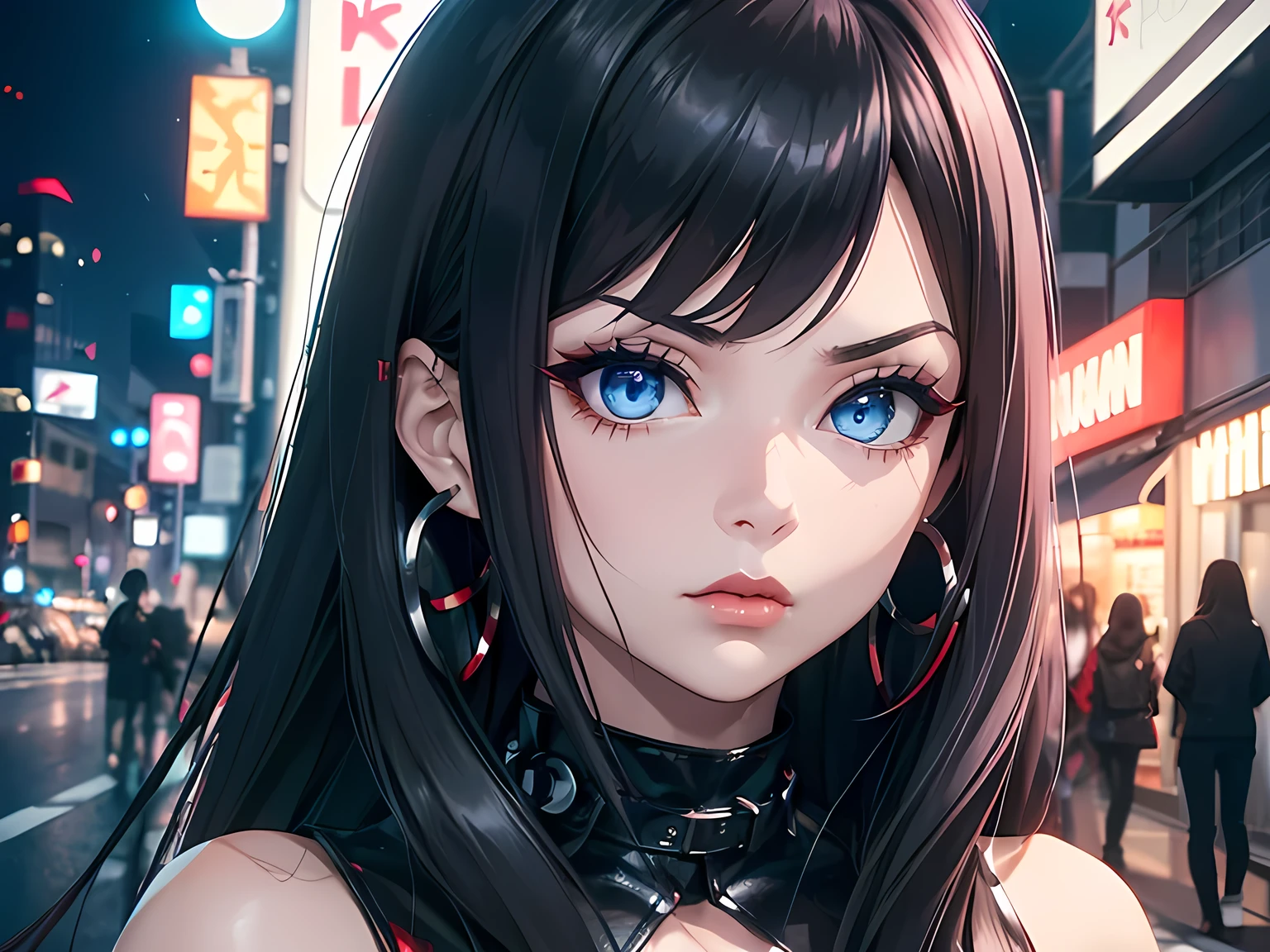 1girl, (Blue Eyes), (serious face :1.2), (Sana Minatozaki), (beautiful makeup :1.2), wide hips, Big tits, big ass, (thin waist: 1.2), (thick and toned thighs), (Best Quality, 8k, Masterpiece: 1.3), Clear Focus: 1.2, Perfect Body Beauty: 1.4, strong abs, Highly detailed face and skin texture, detailed eyes, double eyelids, red lips, (black long straight hair :1.3), (black leather mini dress :1.3), silver hoops, (close-up at face :1.3) in a street of tokyo at night, buildings illuminated by signs in the background