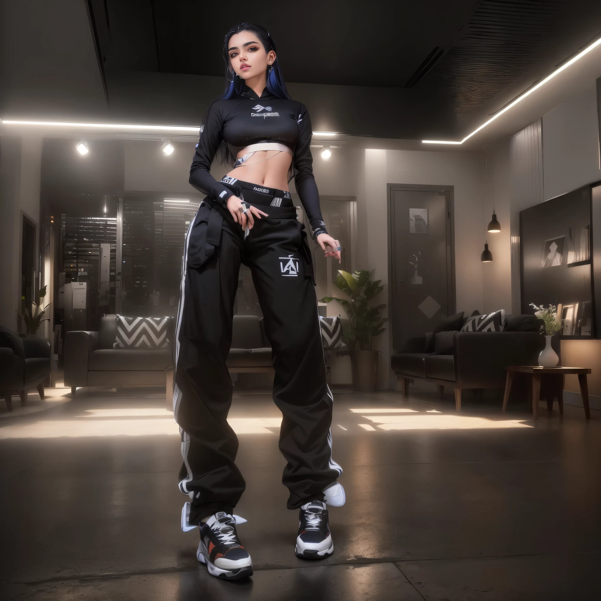 (8k), Rosto altamente detalhado,obra de arte, Bela , roupas streetwear, aesthetic girl, 20 anos, a pele abaixo do terno tem linhas brilhantes, cabelo preto na altura dos ombros, olhos claros, standing, Attractive Expression, cinematic lighting, sala de estar moderna