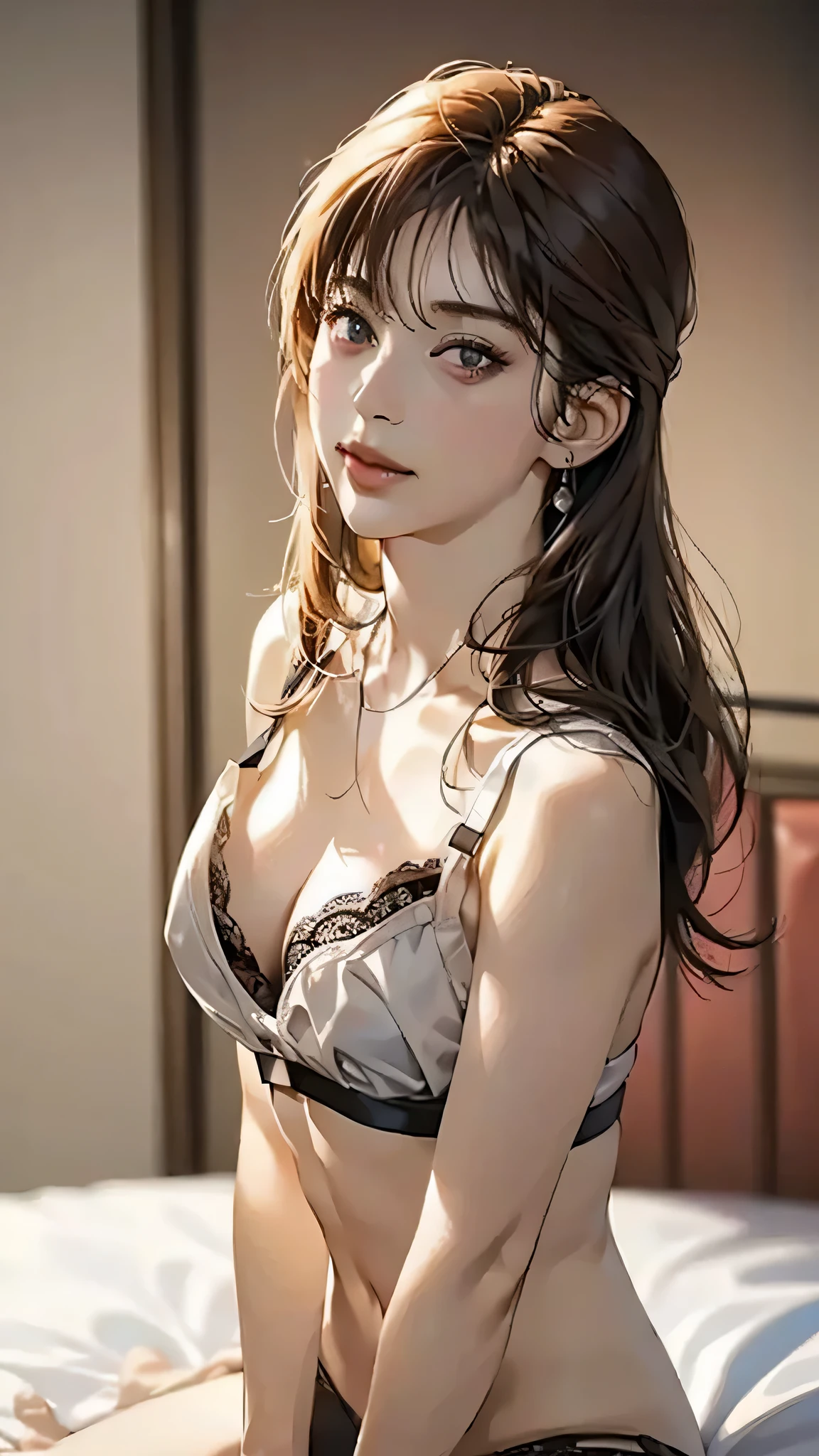 (In 8K、RAW shooting、highest quality、Masseter muscle area:1.2)、Ultra-detailed、Ultra-high resolution、(Realistic、Realistic photos:1.37)、Portrait、High-resolution RAW color photos、Professional photography、hVery detailed and beautiful、Very detailed、8K Image Wallpapers、Incredibly detailed、Large file size、Official Art、HVery detailed CG Unity 8K wallpapers、hVery detailed beautiful girl、Very detailed顔、Very detailed目、Very detailed skin、Very detailed指、hVery detailed nose、Very detailed mouth、Perfect Anatomy、Detailed Background、Detailed clothing、1 girl、(20:1.2)、20th Generation、cute、Realistic body、、White skin、Glowing Skin、The body is slim、Black-haired、((short hair))、(Well-groomed bangs:1.4)、((Black lingerie and white shirt))、((Both arms behind the head))、((Sitting on the bed))、((C-cup breasts with firmness))、necklace、bracelet、Earrings、