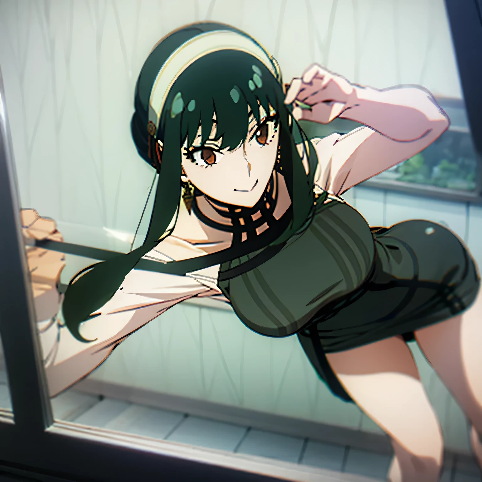 Facing the camera, breasts on glass, black hair, very tight short black dress, dress cuts off by the butt, hair tied in a bun, jewelry, smiling, big breasts