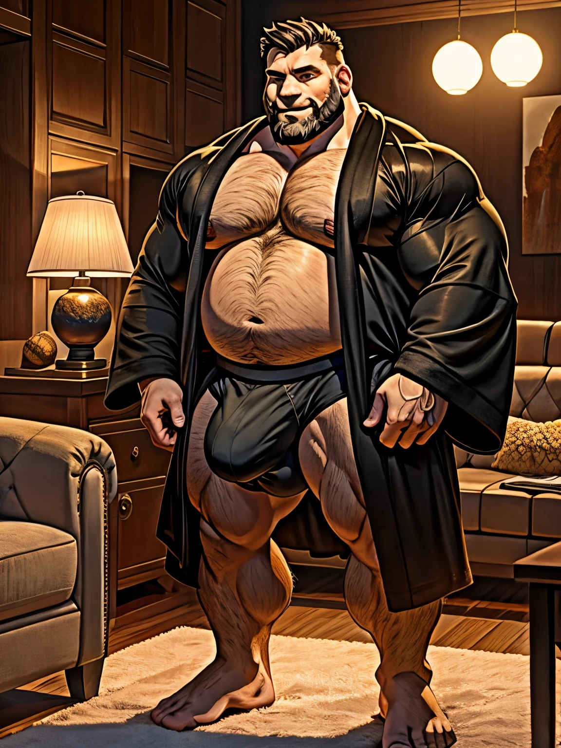 40 years old white italian Male, tall, giant body, handsome, dad bod, beefy, strong arms and legs, wide shoulders, muscle gut, a bit of fat but still very muscular, extremely hairy, short beard, wearing a untie black bathrobe with long sleeves, wearing a black boxer, volleyball ball sized bulge inside boxer, standing casualy, smiling widely, luxurious living room, full body picture, 3/4 view