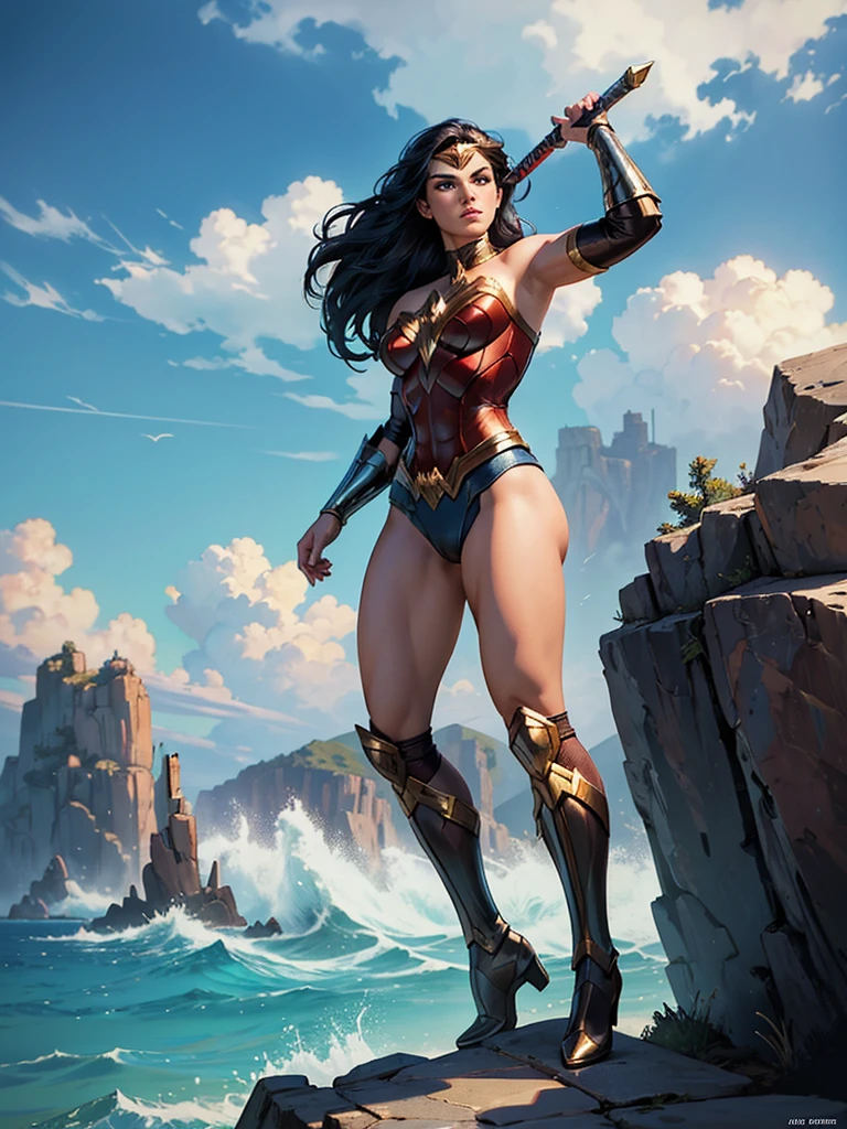 ((fantasy art)), action, heroism, grandeur, power, sensuality, stunning shadows, expertly detailed, epic, powerful and profound. DC Comics Wonder Woman is standing on top of a large rock, she is above us, we have a view from below, she is above the horizon line, Wonder Woman looks incredibly beautiful, slender, dynamic pose, pose action, Knees slightly bent, she is prepared for battle, she is holding a sword in her right hand and a shield in her left hand, her legs are slightly bent, dynamic pose, battle pose, she looks at the camera, her hair is very long and fluttering. Full body, full body. seen from below, she is on top of a large rock, a large wave crashes against the rock she is on, the wave crashes against the rock behind her rising high, it is raining. hero comics style, Jim Lee, Ed Benes, Adam Hughes, Ivan Reis, Frank Cho style. ((best quality)), ((masterpiece)), (high resolution: 1.2), ((best quality)), ((masterpiece)), (high resolution: 1.2)