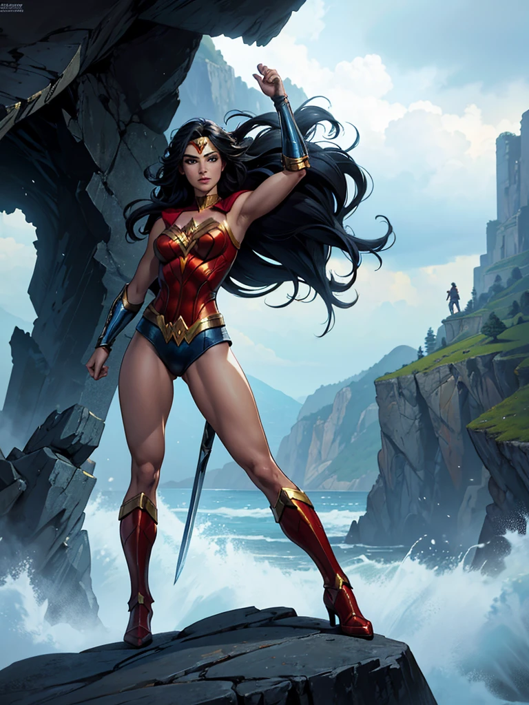 ((fantasy art)), action, heroism, grandeur, power, sensuality, stunning shadows, expertly detailed, epic, powerful and profound. DC Comics Wonder Woman is standing on top of a large rock, she is above us, we have a view from below, she is above the horizon line, Wonder Woman looks incredibly beautiful, slender, dynamic pose, pose action, Knees slightly bent, she is prepared for battle, she is holding a sword in her right hand and a shield in her left hand, her legs are slightly bent, dynamic pose, battle pose, she looks at the camera, her hair is very long and fluttering. Full body, full body. seen from below, she is on top of a large rock, a large wave crashes against the rock she is on, the wave crashes against the rock behind her rising high, it is raining. hero comics style, Jim Lee, Ed Benes, Adam Hughes, Ivan Reis, Frank Cho style. ((best quality)), ((masterpiece)), (high resolution: 1.2), ((best quality)), ((masterpiece)), (high resolution: 1.2)
