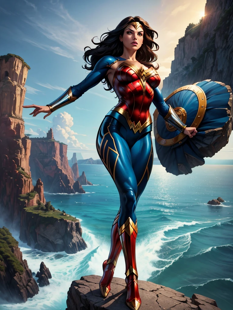 ((fantasy art)), action, heroism, grandeur, power, sensuality, stunning shadows, expertly detailed, epic, powerful and profound. DC Comics Wonder Woman is standing on top of a large rock, she is above us, we have a view from below, she is above the horizon line, Wonder Woman looks incredibly beautiful, slender, dynamic pose, pose action, Knees slightly bent, she is prepared for battle, she is holding a sword in her right hand and a shield in her left hand, her legs are slightly bent, dynamic pose, battle pose, she looks at the camera, her hair is very long and fluttering. Full body, full body. seen from below, she is on top of a large rock, a large wave crashes against the rock she is on, the wave crashes against the rock behind her rising high, it is raining. hero comics style, Jim Lee, Ed Benes, Adam Hughes, Ivan Reis, Frank Cho style. ((best quality)), ((masterpiece)), (high resolution: 1.2), ((best quality)), ((masterpiece)), (high resolution: 1.2)