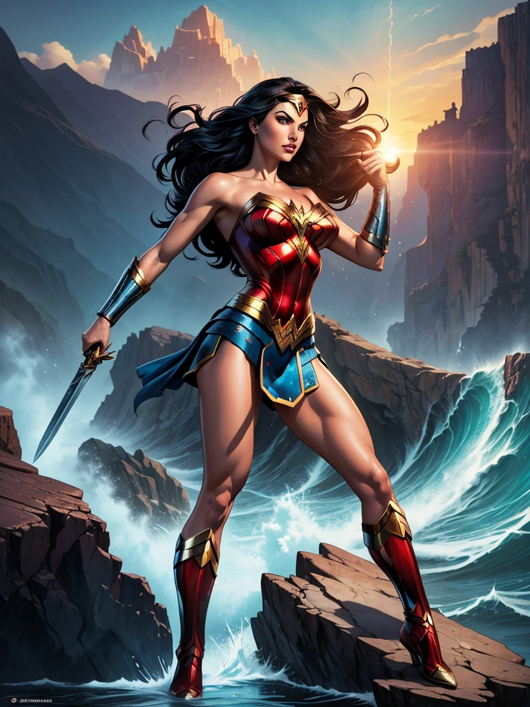 ((fantasy art)), action, heroism, grandeur, power, sensuality, stunning shadows, expertly detailed, epic, powerful and profound. DC Comics Wonder Woman is standing on top of a large rock, she is above us, we have a view from below, she is above the horizon line, Wonder Woman looks incredibly beautiful, slender, dynamic pose, pose action, Knees slightly bent, she is prepared for battle, she is holding a sword in her right hand and a shield in her left hand, her legs are slightly bent, dynamic pose, battle pose, she looks at the camera, her hair is very long and fluttering. Full body, full body. seen from below, she is on top of a large rock, a large wave crashes against the rock she is on, the wave crashes against the rock behind her rising high, it is raining. hero comics style, Jim Lee, Ed Benes, Adam Hughes, Ivan Reis, Frank Cho style. ((best quality)), ((masterpiece)), (high resolution: 1.2), ((best quality)), ((masterpiece)), (high resolution: 1.2)