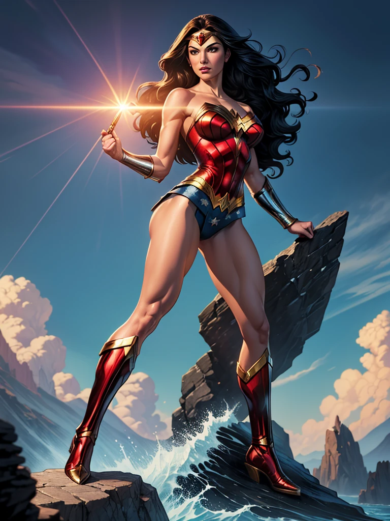 ((fantasy art)), action, heroism, grandeur, power, sensuality, stunning shadows, expertly detailed, epic, powerful and profound. DC Comics Wonder Woman is standing on top of a large rock, she is above us, we have a view from below, she is above the horizon line, Wonder Woman looks incredibly beautiful, slender, dynamic pose, pose action, Knees slightly bent, she is prepared for battle, she is holding a sword in her right hand and a shield in her left hand, her legs are slightly bent, dynamic pose, battle pose, she looks at the camera, her hair is very long and fluttering. Full body, full body. seen from below, she is on top of a large rock, a large wave crashes against the rock she is on, the wave crashes against the rock behind her rising high, it is raining. hero comics style, Jim Lee, Ed Benes, Adam Hughes, Ivan Reis, Frank Cho style. ((best quality)), ((masterpiece)), (high resolution: 1.2), ((best quality)), ((masterpiece)), (high resolution: 1.2)