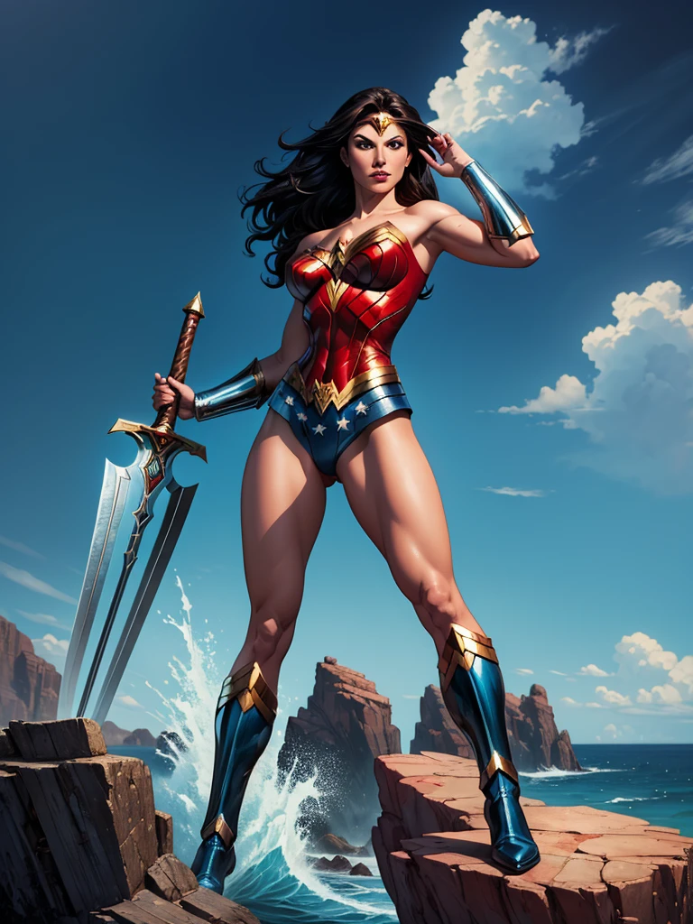 ((fantasy art)), action, heroism, grandeur, power, sensuality, stunning shadows, expertly detailed, epic, powerful and profound. DC Comics Wonder Woman is standing on top of a large rock, she is above us, we have a view from below, she is above the horizon line, Wonder Woman looks incredibly beautiful, slender, dynamic pose, pose action, Knees slightly bent, she is prepared for battle, she is holding a sword in her right hand and a shield in her left hand, her legs are slightly bent, dynamic pose, battle pose, she looks at the camera, her hair is very long and fluttering. Full body, full body. seen from below, she is on top of a large rock, a large wave crashes against the rock she is on, the wave crashes against the rock behind her rising high, it is raining. hero comics style, Jim Lee, Ed Benes, Adam Hughes, Ivan Reis, Frank Cho style. ((best quality)), ((masterpiece)), (high resolution: 1.2), ((best quality)), ((masterpiece)), (high resolution: 1.2)