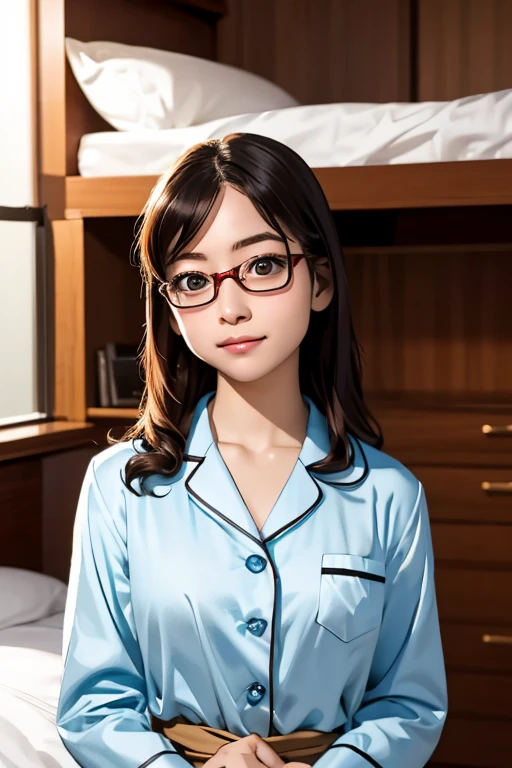 (masterpiece, highest quality), One Girl,  Satou, Satou, Glasses, pajamas, Satou, Glasses, 赤いフレームのGlasses, In bed:1.5,Head to waist,Hotel Rooms,pajamas姿,