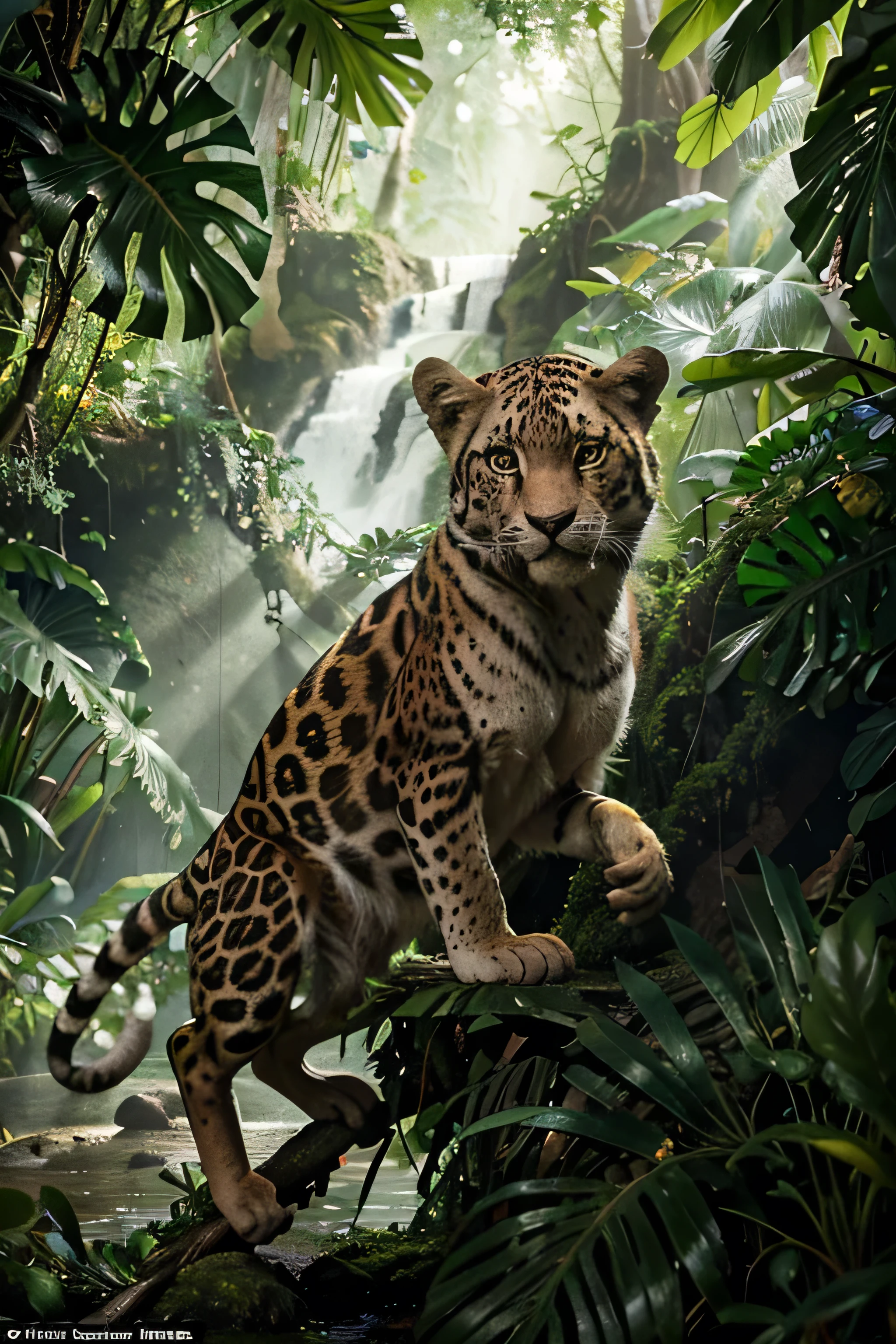 (jungle:1.2,artistic drawing style:1.1),lush green foliage,exotic animals in their natural habitat,vibrant colors,playful monkeys swinging from branches,tropical birds with colorful feathers,stream of crystal-clear water flowing through the jungle,hidden waterfalls cascading down moss-covered rocks,serene atmosphere with the sound of chirping birds and rustling leaves,misty sunlight penetrating through the dense canopy,far-off glimpse of a majestic jaguar lurking in the shadows(ultra-detailed,realistic),fine brush strokes capturing the intricate details of the jungle scene,wild and untamed energy bursting from the artwork(beautiful detailed eyes,longeyelashes)