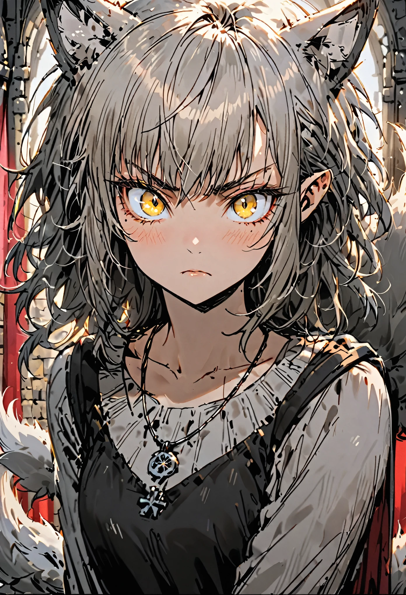 solo, female, sfw, short, 4 foot tall, short fur, soft grey fur, lean, built for speed, fit, high cheekbones, large eyes, yellow eyes, thick lashes, wolf ears, tufted ears, bushy wolf tail, short messy hair, serious, blush, simple clothes, small string necklace, vulnerable, determined, fur on arms:1.2, animal hands:0.9, werewolf girl, young, medieval, warm, harem, red curtain