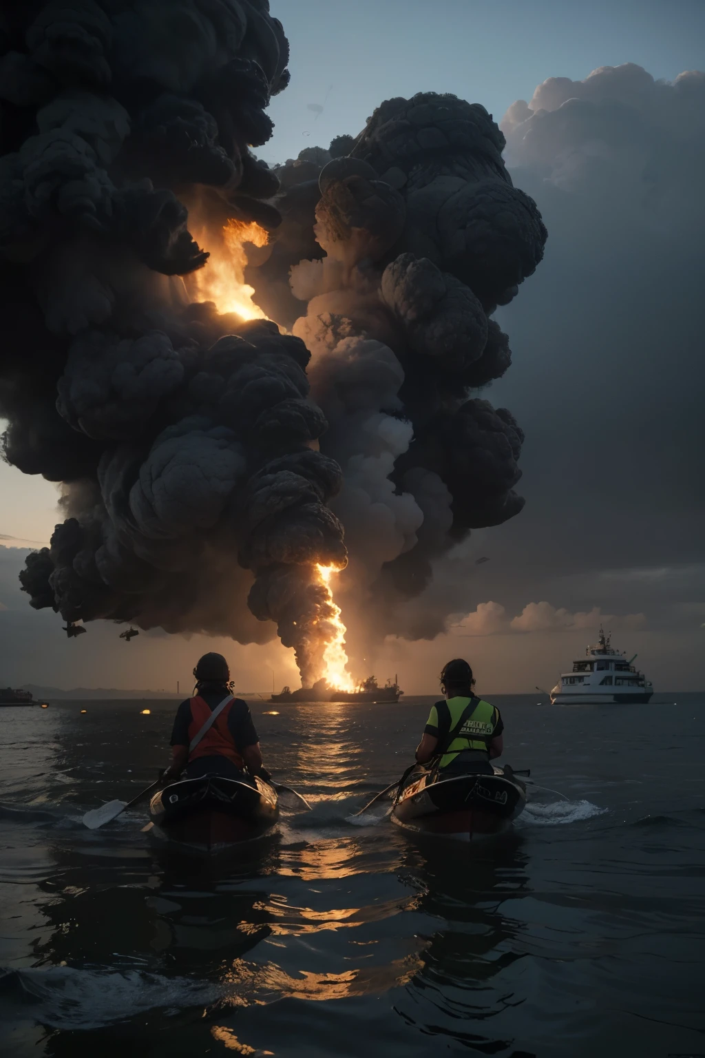 An image of somebody on an oil rig, looking off of the distance with the camera pan down with the oil rig on fire and falling apart