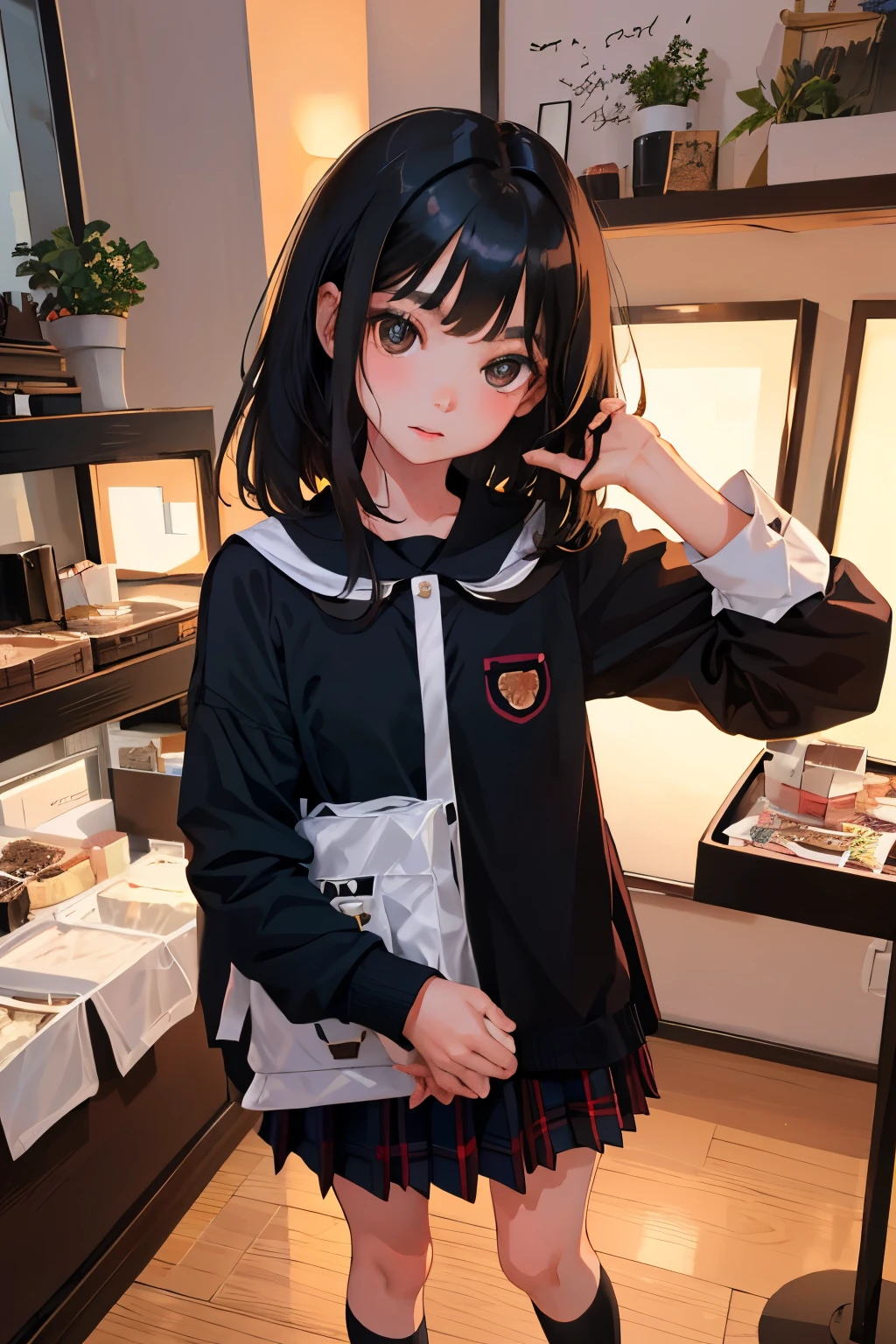 (),highest quality,Beautiful face in every detail,cute,Dark brown eyes,(背の低いcute女の子,Smallg student,Yoicate girl),(masterpiece,Top quality),Black Hair,Sleepy expression,Plaid white skirt
