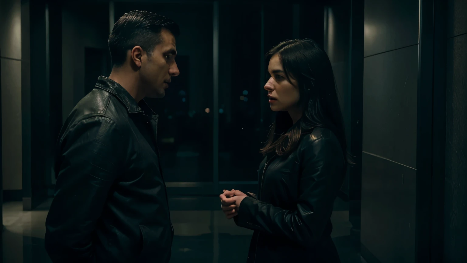 A very scared woman talking to a man in a lobby of a building at night very dark 8K image