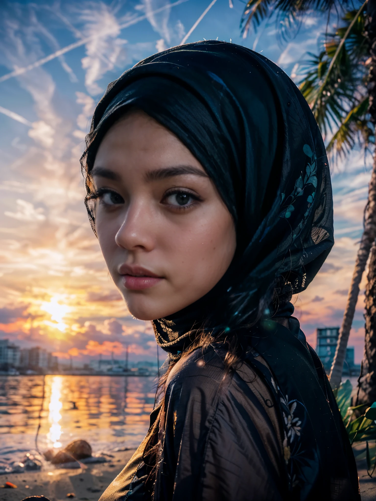 Photorealistic, (close-up:1.3, exposed face), wideangle, (seen from forward:1.2), in frame, a japanese young woman, ((hijab girl likeness:1.3, long sleeve dress with long skirt)), a hyperrealistic beautiful young girls with green eyes, high detailed official artwork, beautiful girls, attractive young woman, (atractive poses:1.3), (posing down:1.2), on the sand on the (sunset beach:1.2), surrounded by palm trees, natural background, dubnitskiy david fanart, realistic portrait, smooth photorealistic, perfect visual of a cute girls, cute girls with round face, face focus, makoto shinkai and artgerm, photon mapping, natural light, warm color tones, vivid colors, cool ambient, foggy atmosphere