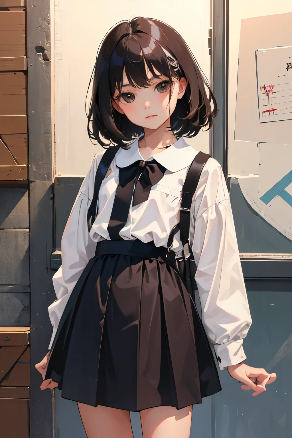 (*****)，highest quality，Beautiful face in every detail，cute，Dark brown eyes，(背の低いcute女の子，***** young *******，Young delicate girl）,（masterpiece，Top quality)，Black Hair，Sleepy expression，Plaid white skirt