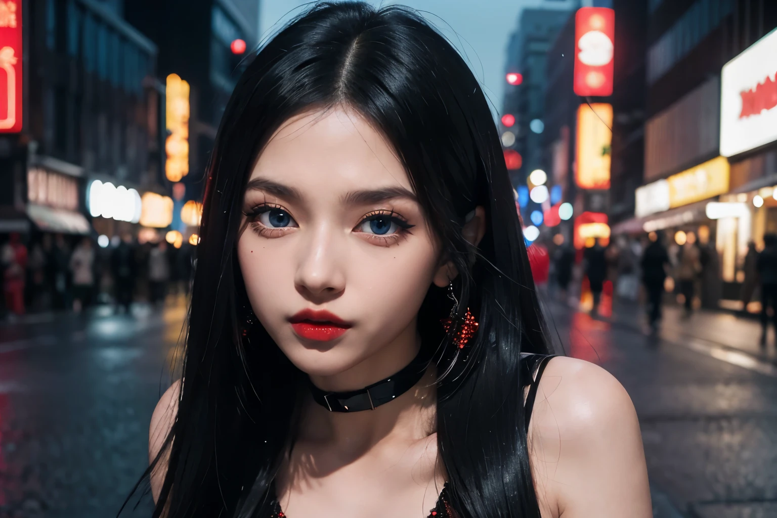 1girl, (Blue Eyes), (serious face :1.2), (Sana Minatozaki), (beautiful makeup :1.2), wide hips, Big tits, big ass, (thin waist: 1.2), (thick and toned thighs), (Best Quality, 8k, Masterpiece: 1.3), Clear Focus: 1.2, Perfect Body Beauty: 1.4, strong abs, Highly detailed face and skin texture, detailed eyes, double eyelids, red lips, (black long straight hair :1.3), (black mini dress with red sequins :1.3), (close-up at face :1.3) in a street of tokyo at night, buildings illuminated by signs in the background