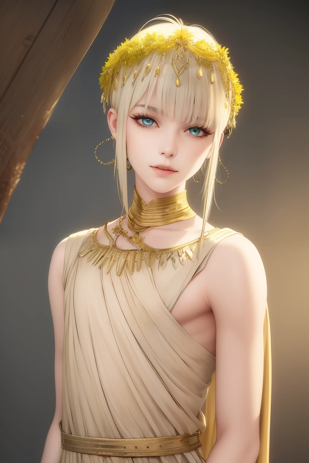 (best quality, lifelike), slender eyes, long eyelashes, thin lips, short pale yellow hair, bright green eyes that shine like gems. Ancient Greek costume, handsome, metal fringe on his head, 18 years old, male.