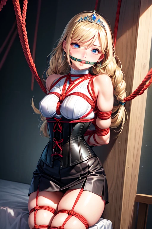 Shiny blond hair, very long hair, sophisticated haircut, ((((hair fully braided)))), ((small twisted braids)), thin and oval face, submissive, (((gagged))), ((((black tight corset)))), ((((tight skirt)))), cute and blushing 18 years old anime girl, look away because she is embarrassed and blushes, bright blue eyes, detailed face, detailed members, detailed arms, detailed hands, ((((sparkling diamond jewelry)))), tiara, ((makeup)), high heels, puffy sleeves, long gloves, long eyelashes, Girl lying, tied by ropes, shackled, can no longer move, tied tightly, very hard tied up with lots of ropes, hampered by so many ropes that she can no longer move, bound hands and feet, ropes tie his whole body, tied extremely tightly and forcefully to her bed by a lot of ropes, its limbs are strongly tied together by ropes, his torso is tied up with thick cords, her chest is so tied up with ropes that it sticks out, her legs are tied tightly with thick ropes, his hands are tied behind his back with ropes, she can no longer move her feet, her hands which are tied by thick ropes, she desperately tries to free herself, likes to be tied tight with big ropes, likes to be immobilized by big ropes, lying down, his hands and feet are strongly tied to the railing of his bed, his legs are pressed together and tied with ropes, its limbs are held vigorously by imposing ropes, her hands are tied securely behind her back by ropes, her chest is compressed by strong ropes, she is pressed against her bed and restrained by large ropes (shibari, arms behind the back:1.4), (hands on the back), (masterpiece, best quality) 1.5, 1girl, solo, (sexy, beautiful woman, perfect face, perfect eyes, perfect hands), samus aran, (shibari, arms behind the back:1.4), (hands on the back), Spread the legs, s&#39; ((lie in bed by big ropes)), ((close up of the girl)), ((((lie in bed))))