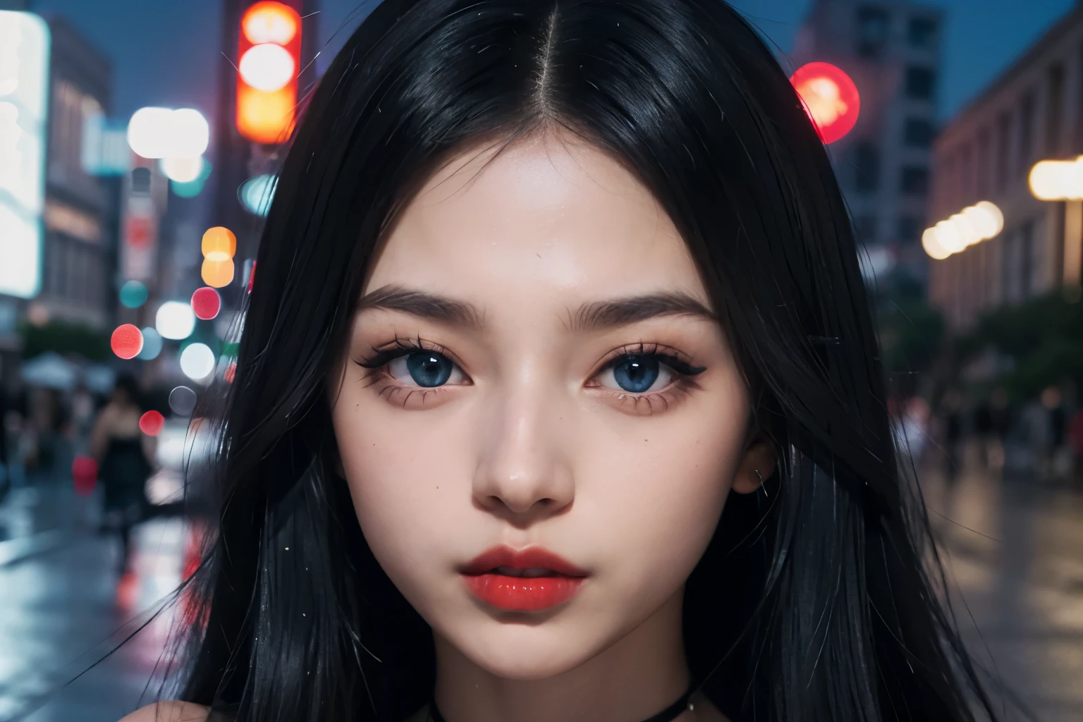 1girl, (Blue Eyes), (serious face :1.2), (Sana Minatozaki), (beautiful makeup :1.2), wide hips, Big tits, big ass, (thin waist: 1.2), (thick and toned thighs), (Best Quality, 8k, Masterpiece: 1.3), Clear Focus: 1.2, Perfect Body Beauty: 1.4, strong abs, Highly detailed face and skin texture, detailed eyes, double eyelids, red lips, (black long straight hair :1.3), (black mini dress with red sequins :1.3), (close-up at face :1.3) in a street of tokyo at night, buildings illuminated by signs in the background