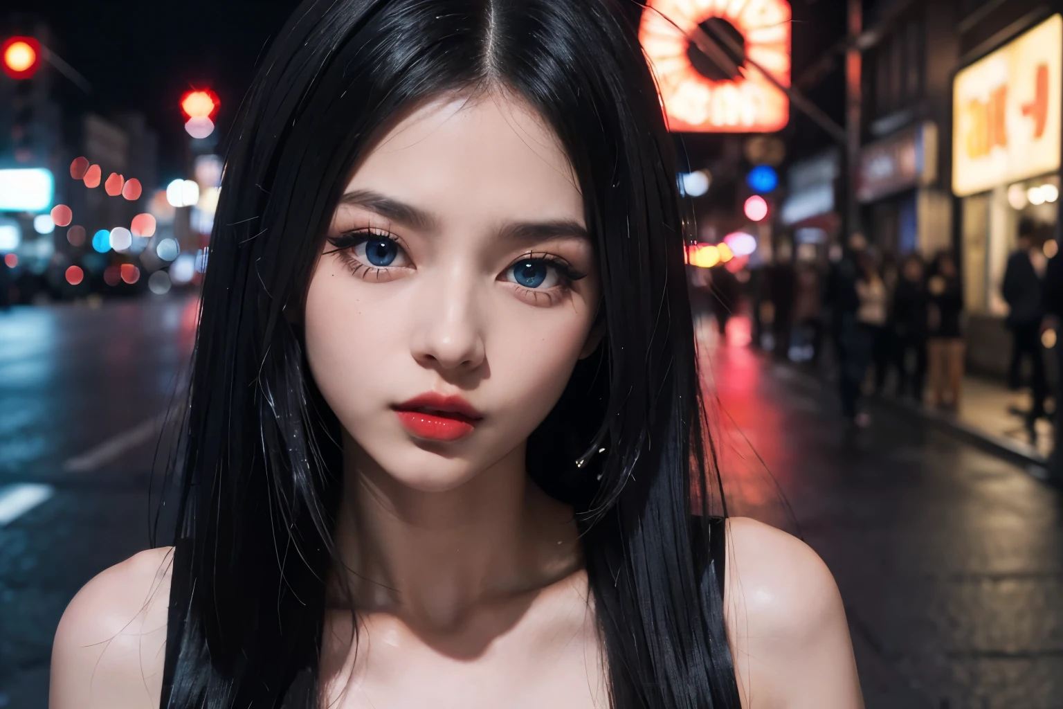 1girl, (Blue Eyes), (serious face :1.2), (Sana Minatozaki), (beautiful makeup :1.2), wide hips, Big tits, big ass, (thin waist: 1.2), (thick and toned thighs), (Best Quality, 8k, Masterpiece: 1.3), Clear Focus: 1.2, Perfect Body Beauty: 1.4, strong abs, Highly detailed face and skin texture, detailed eyes, double eyelids, red lips, (black long straight hair :1.3), (black mini dress with red sequins :1.3), (close-up at face :1.3) in a street of tokyo at night, buildings illuminated by signs in the background