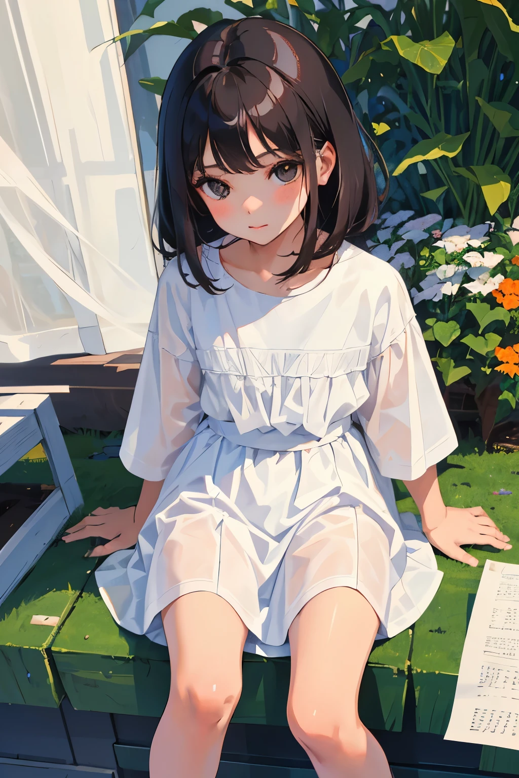 (),highest quality,Beautiful face in every detail,cute,Dark brown eyes,(背の低いcute女の子,Smallg student,Yoicate girl),(masterpiece,Top quality),Black Hair,Sleepy expression,Short sleeve white shirt,Plaid white skirt