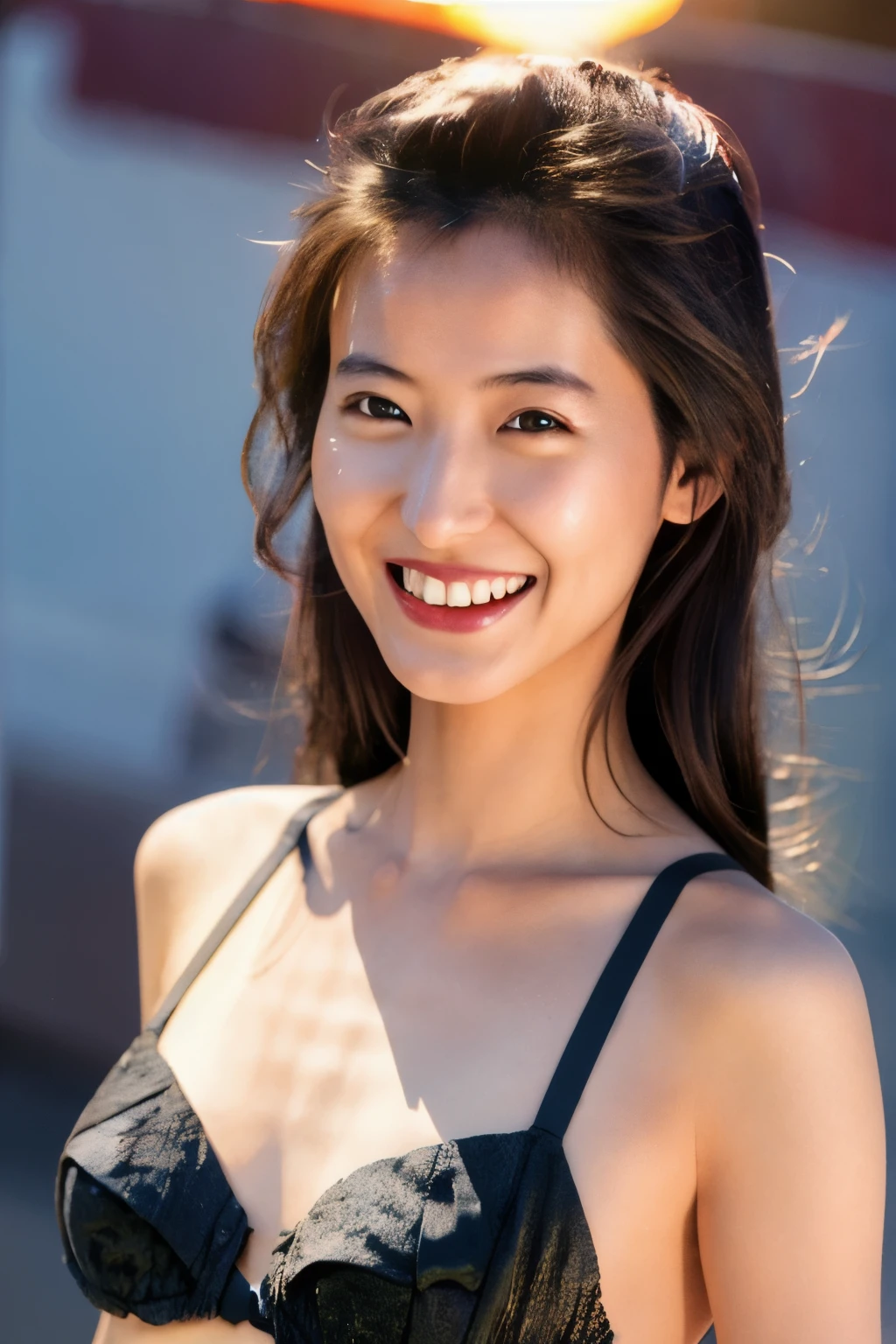 Skinny Japanese woman, Dressed, (photographrealistic:1.4), (Hyper realistic:1.4), (Realistic:1.3), (Smoother lighting:1.05), (increase cinematic lighting quality:0.9), 32K, 1girl in, 30-years old, Realistic lighting, Backlighting, Light on Face, raytrace, (Brightening light:1.2), (Increase quality:1.4), (Top quality real texture skins:1.4), finely detailed eyes, finerly detailed face, (tired and sleepy and joy:0), (Laugh:1.4), Black underwear,a necklace, (Increase body line mood:1.1), (Increase the beauty of skin texture:1.1)