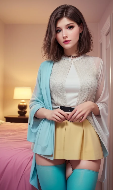 ((Top Quality、16K、​masterpiece:1.3))、a tall and beautiful woman、Perfect Figure:1.4、retro futuristic aesthetic, Gemma Arterton (charming) solo, pale-brown hair (short hairstyle), realistic hair, realistic eyes, pale-white skin (highlighted, realistic shading)、huge bust、Highly detailed facial and skin texture、(A detailed eye, Symmetry Eyes, Clear realistic eyes, Double eyelidd、Cold-stricken face、Symmetrical face), very  realistic skin, goth makeup, Royal sisters full of fans、The Telegraph Esbian、peach buttocks, white women's shirt, alternative skirt, black tights,  squart、(Raw foto:1.2)、((Photorealcitic:1.4))Top Quality、​masterpiece、Real Photography、very delicate and beautiful.、super detailed CG、Unity、8K photo wallpaper、delicate detail、best qualtiy、Highly detailed CG unity 16k wallpaper、absurderes、Incredibly Absurd、huge file size、extremely highly detailed、Hight Resolution、ighly Details、Beautiful detail girl、extremely beautiful eyes and face, cute eyes look、Facial light、cinematic lightings、(Proportional hips, thick thighs, beautiful legs, realistic pantyhose) 1girll、see -through, inside a futuristic bedroom, neon soft lights in the dark room environment (soft magenta, cyan and pale-yellow ambient lights) , dream atmosphere、ulzzang-6500、The Telegraph Esbian, different poses at different angles,