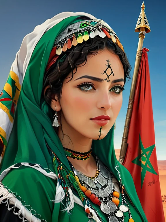 (best quality, ultra-detailed:1.2), intricate details, exotic atmosphere, eye-catching composition, stunning visuals, captivating storytelling, masterful techniques, surreal elements, artistic expression, amazigh woman, dahamra background،Moroccan Amazigh girl with the flag of Morocco