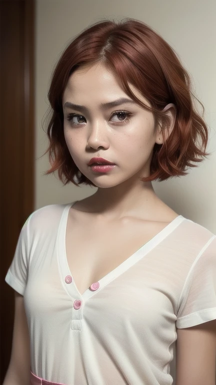 Very cute and baby-like face, Very cute and baby-like face, G-String, Angry pose, Angry face, (((MALAY GIRL))), masterpiece, High quality, UHD 45K, Realistic face, Realistic skin feeling , A Malay Lady, 8 years old, Very cute and baby-like face, (((FLAT CHEST))), (MATRIX WORLD), ((look In front  at the camera and SADNESS)), (((short red hair style))), (((CUTE GIRL))), ((PASTEL RED LIPS)), ((PASTEL SILVER BLOUSE)), ((CHUBBY)), ((UNDRESS)).