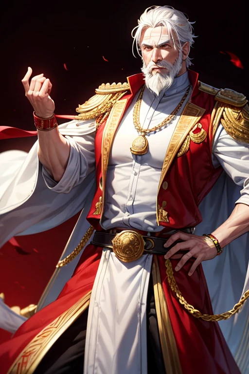 Sultan, 40-year-old man, white hair, long white beard, blue eyes, red Arab clothing, red vest with black prints, golden belt, black pants, gold pendant with Arab symbol with ruby gems, gold rings in both hands stocky muscular build