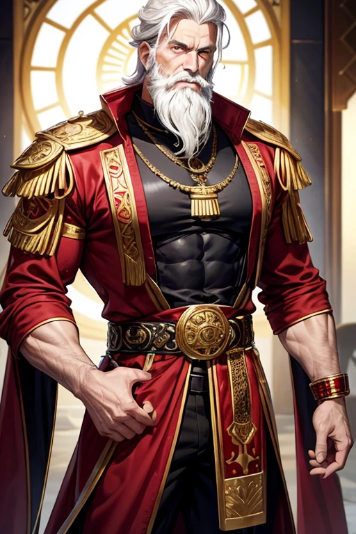 Sultan, 40-year-old man, white hair, long white beard, blue eyes, red Arab clothing, red vest with black prints, golden belt, black pants, gold pendant with Arab symbol with ruby gems, gold rings in both hands stocky muscular build