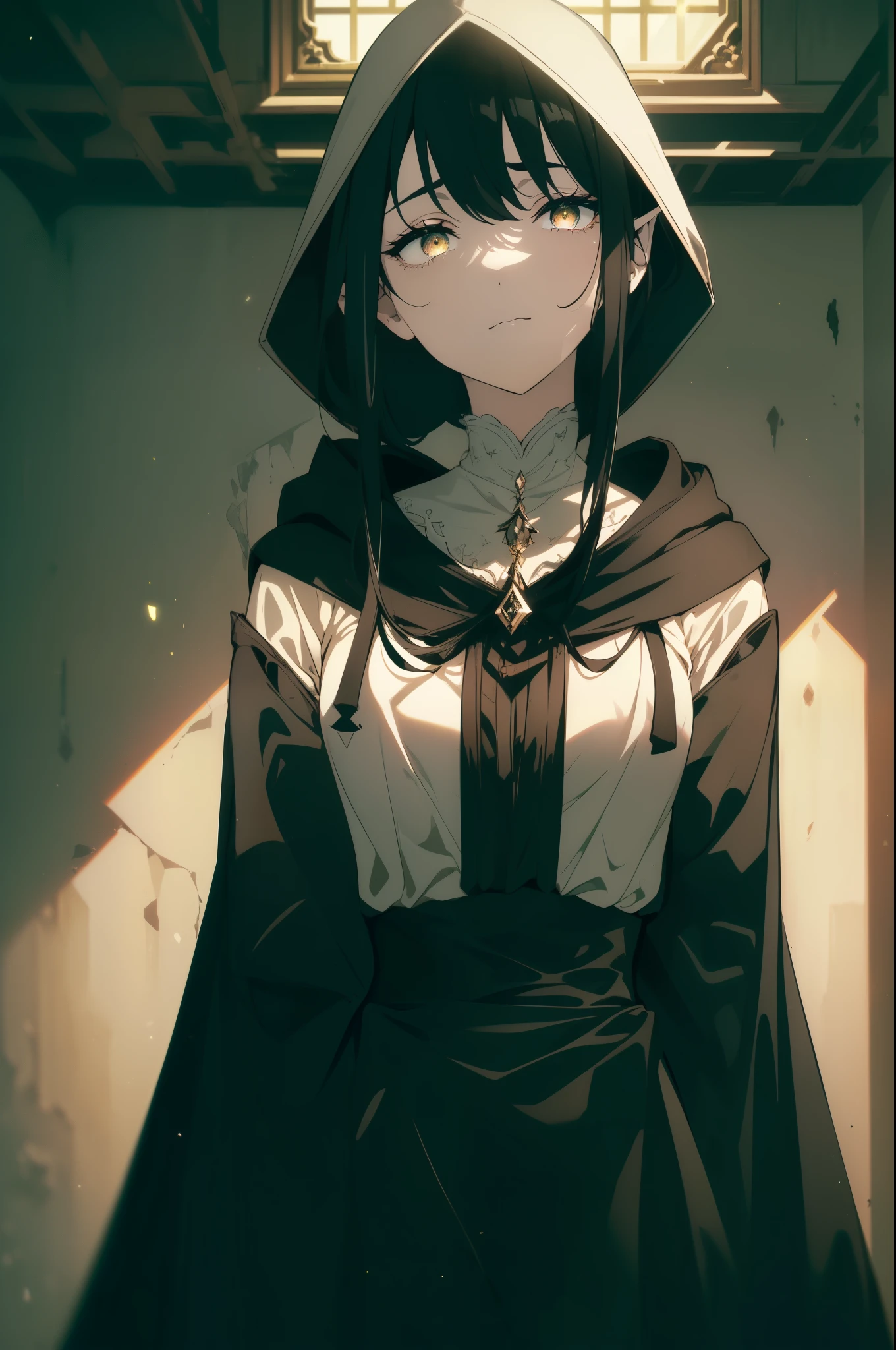 ((((Obra maestra, La mejor calidad, ultrahigh resolution)))), 1girl, standing, cute elf ears, ((black cloak, hood)), (((black hair, dark black hair over eye:1))), long hair cut, pale skin, ((green)), glowing_eyes, neon eyes, (ultra detailed eyes:0.7, beautiful and detailed face, detailed eyes:0.9), ((centered)), smile, ((wide shot)), facing viewer, ((indoor house background)), medium breasts, looking at viewer, ((half closed eyes)), ((perfect hands)), (((head:1, arms, hips in view, elbows, upper thigh area, in view))), ((hands behind back)), empty eyes, beautiful lighting, outside, outdoors, background, defined subject, 25 years old, (head tilt), (((cool))),
