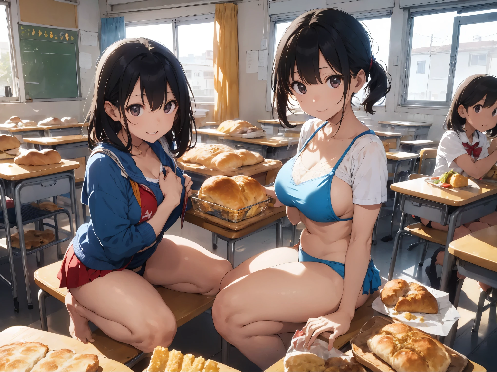 School classroom、Ampang、ordinary bread、Curry bread、Melon bread、Crowded、butter、cheese、Light blue micro bikini big breasted sisters、barefoot