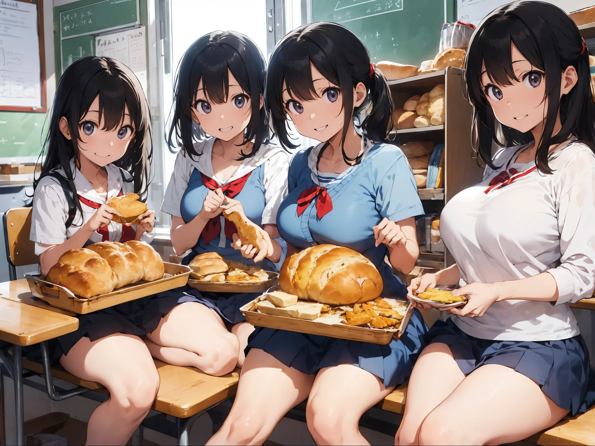 School classroom、Ampang、ordinary bread、Curry bread、Melon bread、Crowded、butter、cheese、Light blue micro bikini big breasted sisters、barefoot