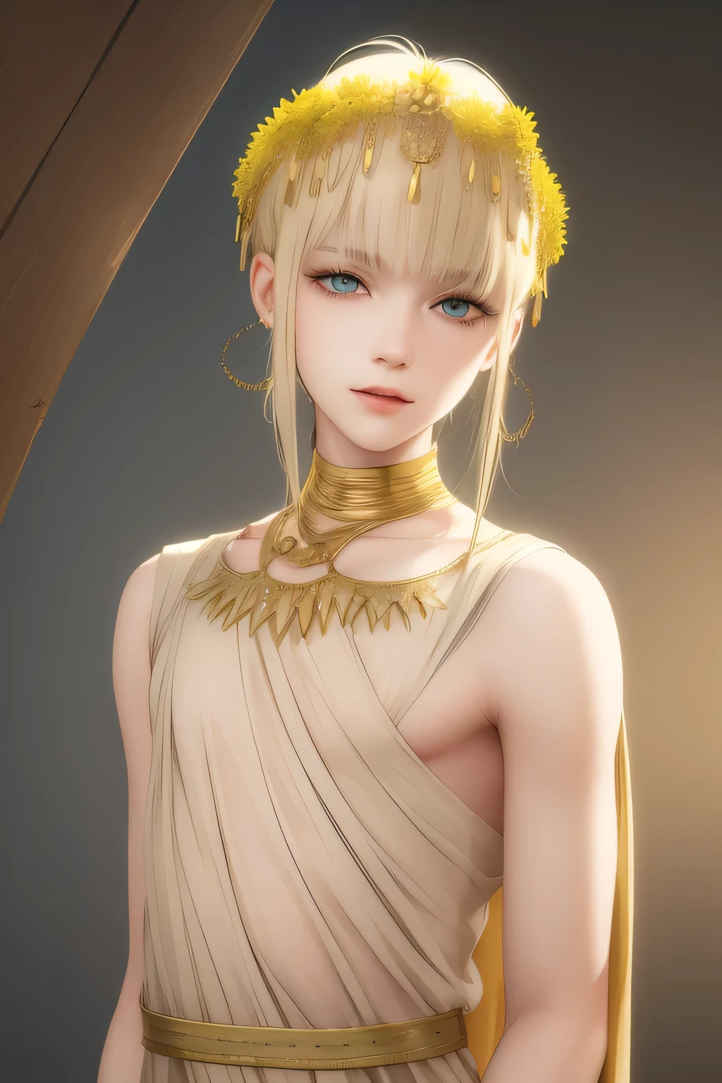 (best quality, lifelike), slender eyes, long eyelashes, thin lips, short pale yellow hair, bright green eyes that shine like gems. Ancient Greek costume, handsome, simple golden fringe on his head, 18 years old, male.