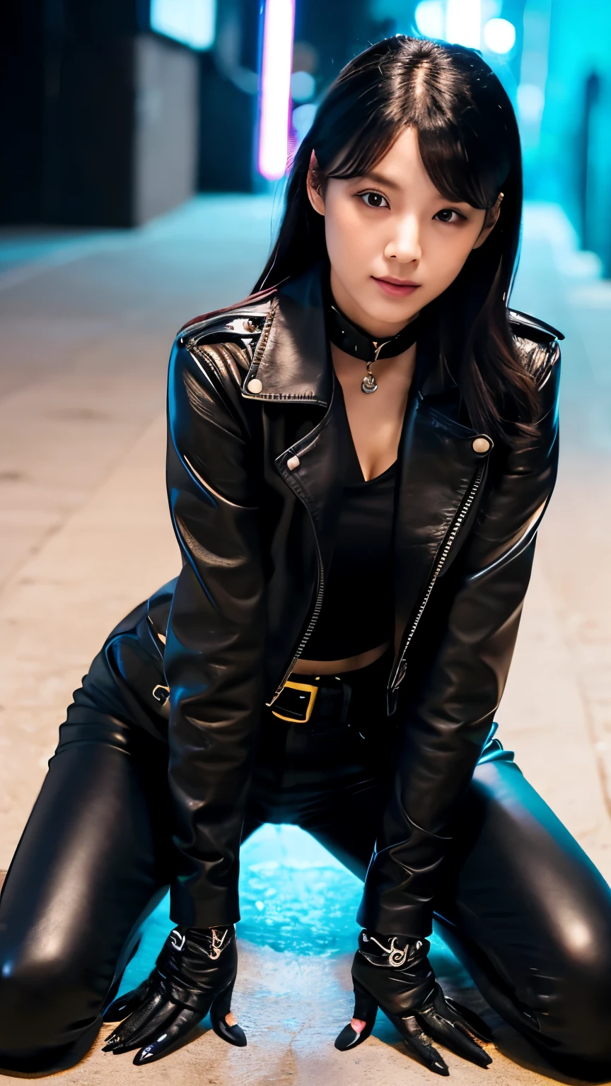 black leather rider jacket, Office in the Dark, Black leather gloved fingertips on both hands,Wearing black leather gloves,Sitting in a black leather chair、 Japanese female new recruits (Black leather gloves cover both hands) (The angle is horizontal)、Black Leather Pants,Black Leather Black Leather Pants,Black Leather Skinny Pants、Long black leather boots on both feet、Black hair ponytail ((He wears black leather gloves on his hands))Full Body Photo,full body shot full body full body leather suit,☺If you turn in this direction。Wearing black leather gloves,Wearing black leather gloves,Wearing black leather gloves,Wearing black leather gloves,Wearing black leather gloves,Wearing black leather gloves,黒のレザーパンツが美しい😍黒のレザーパンツが美しい😍黒のレザーパンツが美しい,😍Smiling while looking at me,City lights、((Neon Cyberpunk City Street:1.3))、(Neon Light)、Detailed lighting、
Best image quality、Ultra-high resolution、(realism:1.4)、Korean Beauty Star、The most beautiful KPOP stars、face、Horny Korean Makeup、A body that makes you want to touch it、Realistic leather texture、Costume made of smooth leather fabric、The drape of the curved parts of the leather fabric、The costume is very shiny、Quality of the costume、8K Photo Quality、