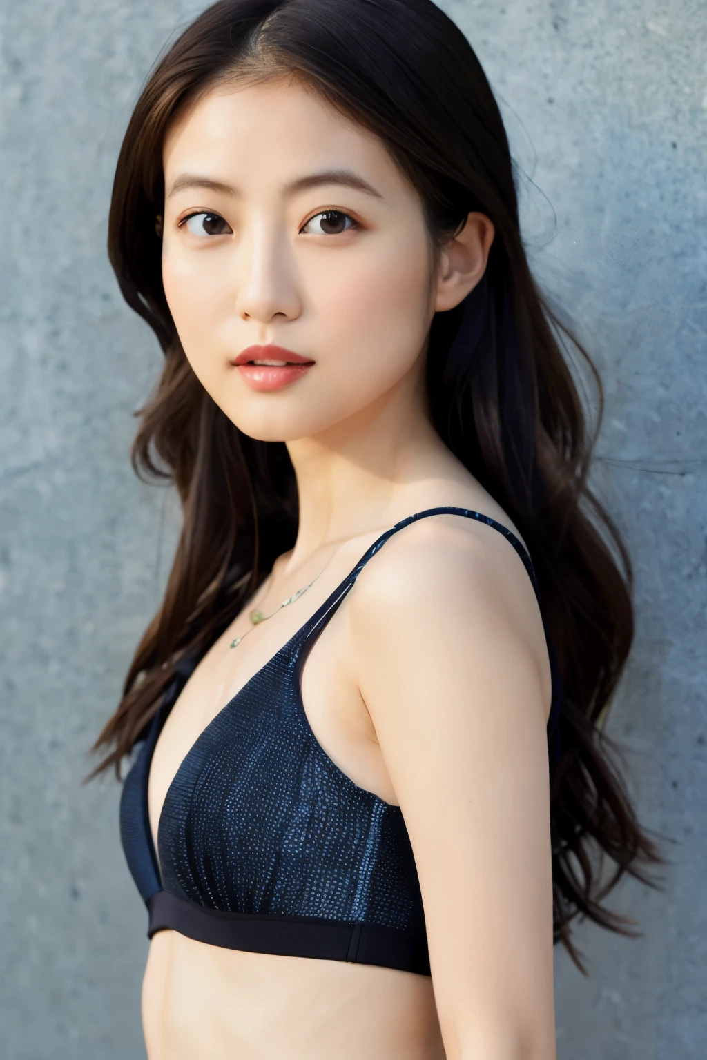 Skinny Japanese woman, Dressed, small head, cute face, detailed face, detailed eyes, (photographrealistic:1.4), (Hyper realistic:1.4), (Realistic:1.3), (Smoother lighting:1.05), (increase cinematic lighting quality:0.9), 32K, 1girl in, 30-years old, Realistic lighting, Backlighting, Light on Face, raytrace, (Brightening light:1.2), (Increase quality:1.4), (Top quality real texture skins:1.4), Black underwear, a necklace, Very thin waist, slender legs, (Increase body line mood:1.1), (Increase the beauty of skin texture:1.1)