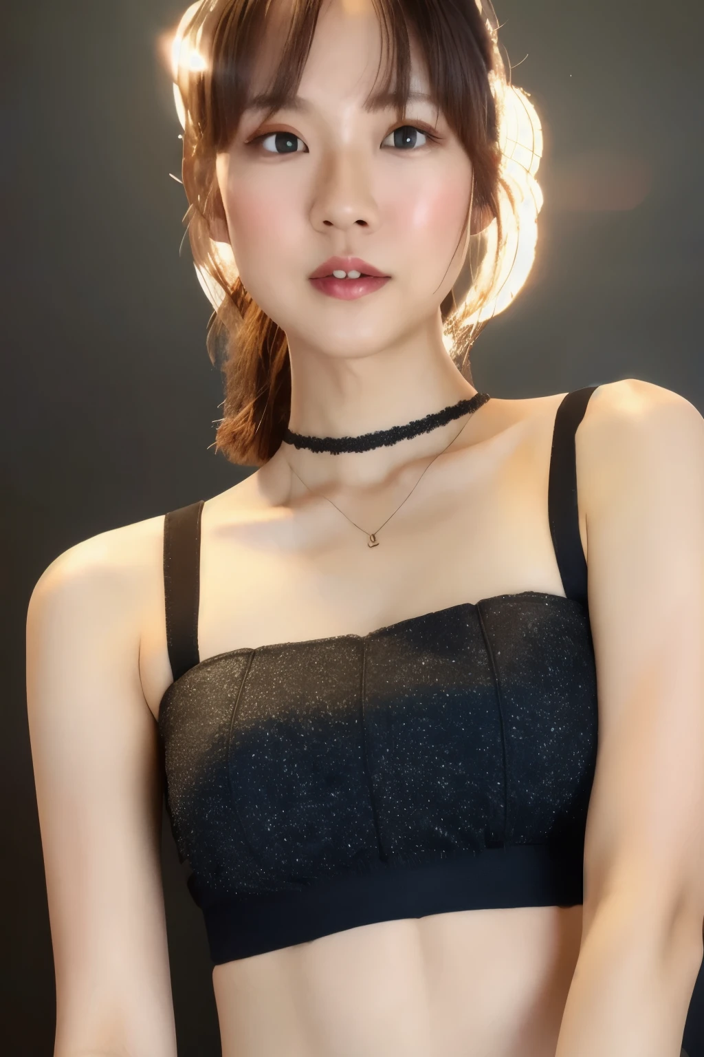 Skinny Japanese woman, Dressed, small head, cute face, detailed face, detailed eyes, (photographrealistic:1.4), (Hyper realistic:1.4), (Realistic:1.3), (Smoother lighting:1.05), (increase cinematic lighting quality:0.9), 32K, 1girl in, 30-years old, Realistic lighting, Backlighting, Light on Face, raytrace, (Brightening light:1.2), (Increase quality:1.4), (Top quality real texture skins:1.4), Black underwear, a necklace, Very thin waist, slender legs, (Increase body line mood:1.1), (Increase the beauty of skin texture:1.1)