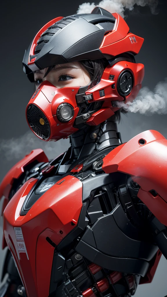 最high quality非常に詳細, Advanced Details, high quality, 最high quality, High resolution, 1080p, hard disk, beautiful,(War Machine),(headgear),See the big picture,beautifulサイボーグ女性,Shining red mecha cyborg girl,Battle Mode,Mecha Body Girl　8k bright red body armor　Elementary school girl　Sweaty face　pretty girl　short hair　Gas mask with extension nozzle　short hairボーイッシュ　((Steam from head))　My hair is wet with sweat　Black Hair, (Steam coming out of the mouth)　Drooling from the mouth　Full body portrait