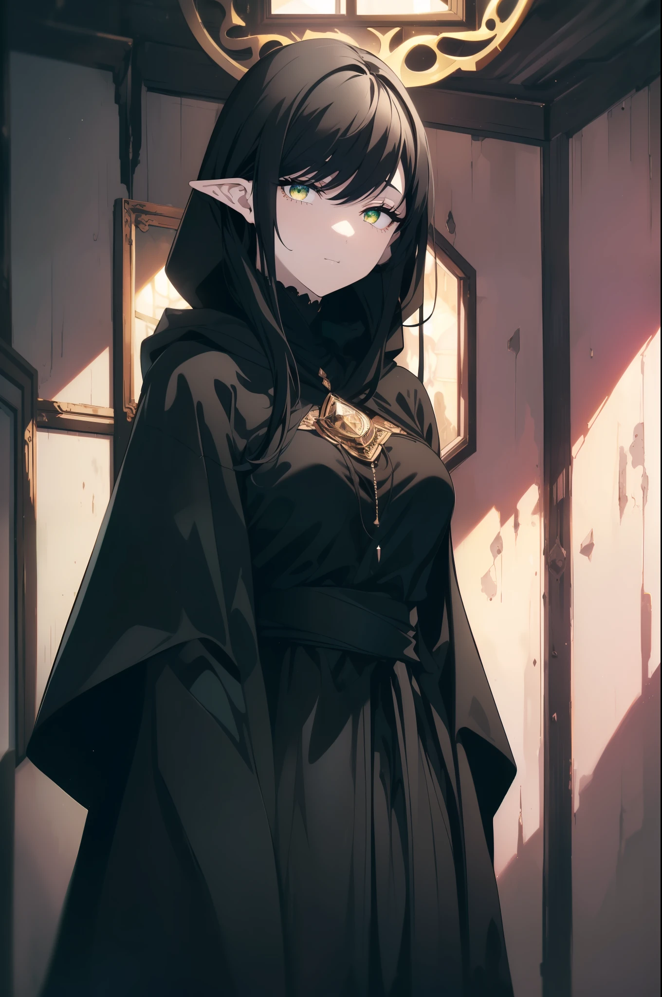 ((((Obra maestra, La mejor calidad, ultrahigh resolution)))), 1girl, standing, cute elf ears, ((black cloak, hood)), (((black hair, dark black hair over eye:1))), long hair cut, pale skin, ((green)), glowing_eyes, neon eyes, (ultra detailed eyes:0.7, beautiful and detailed face, detailed eyes:0.9), ((centered)), smile, ((wide shot)), facing viewer, ((indoor house background)), medium breasts, looking at viewer, ((half closed eyes)), ((perfect hands)), (((head:1, arms, hips in view, elbows, upper thigh area, in view))), ((hands behind back)), empty eyes, beautiful lighting, outside, outdoors, background, defined subject, 25 years old, (head tilt), (((cool))),