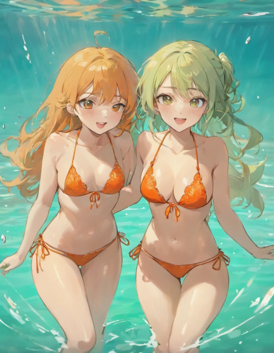 2 y girls, in a green-&-orange, mini micro lace string bikini, bigger sunglasses, at the lake, playing, in the water, water splashes, smiling, open mouth, eyes closed