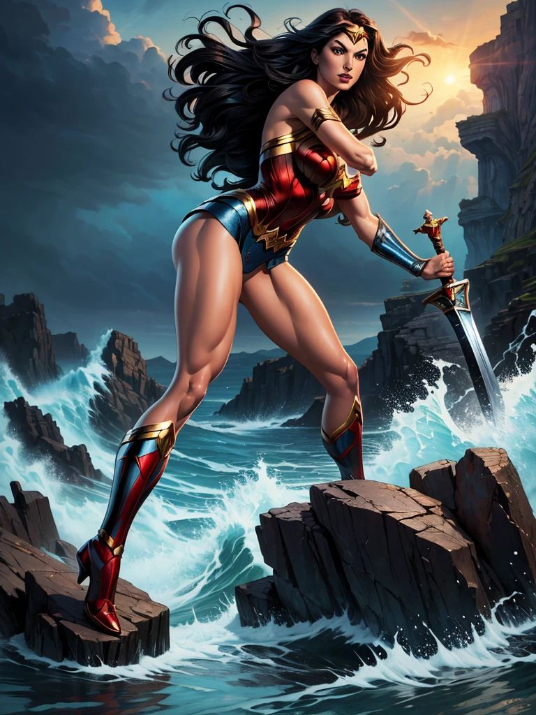 ((fantasy art)), action, heroism, grandeur, power, sensuality, stunning shadows, expertly detailed, epic, powerful and profound. DC Comics Wonder Woman is standing on top of a large rock, she is above us, we have a view from below, she is above the horizon line, Wonder Woman looks incredibly beautiful, slender, dynamic pose, pose action, Knees slightly bent, she is prepared for battle, she is holding a sword in her right hand and a shield in her left hand, her legs are slightly bent, dynamic pose, battle pose, she looks at the camera, her hair is very long and fluttering. Full body, full body. seen from below, she is on top of a large rock, a large wave crashes against the rock she is on, a wave crashes against the rock behind her making the water rise above her head, rising high, it is raining . hero comics style, Jim Lee, Ed Benes, Adam Hughes, Ivan Reis, Frank Cho style. ((best quality)), ((masterpiece)), (high resolution: 1.2), ((best quality)), ((masterpiece)), (high resolution: 1.2)