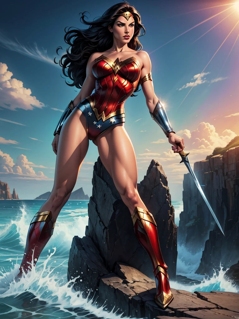 ((fantasy art)), action, heroism, grandeur, power, sensuality, stunning shadows, expertly detailed, epic, powerful and profound. DC Comics Wonder Woman is standing on top of a large rock, she is above us, we have a view from below, she is above the horizon line, Wonder Woman looks incredibly beautiful, slender, dynamic pose, pose action, Knees slightly bent, she is prepared for battle, she is holding a sword in her right hand and a shield in her left hand, her legs are slightly bent, dynamic pose, battle pose, she looks at the camera, her hair is very long and fluttering. Full body, full body. seen from below, she is on top of a large rock, a large wave crashes against the rock she is on, a wave crashes against the rock behind her making the water rise above her head, rising high, it is raining . hero comics style, Jim Lee, Ed Benes, Adam Hughes, Ivan Reis, Frank Cho style. ((best quality)), ((masterpiece)), (high resolution: 1.2), ((best quality)), ((masterpiece)), (high resolution: 1.2)