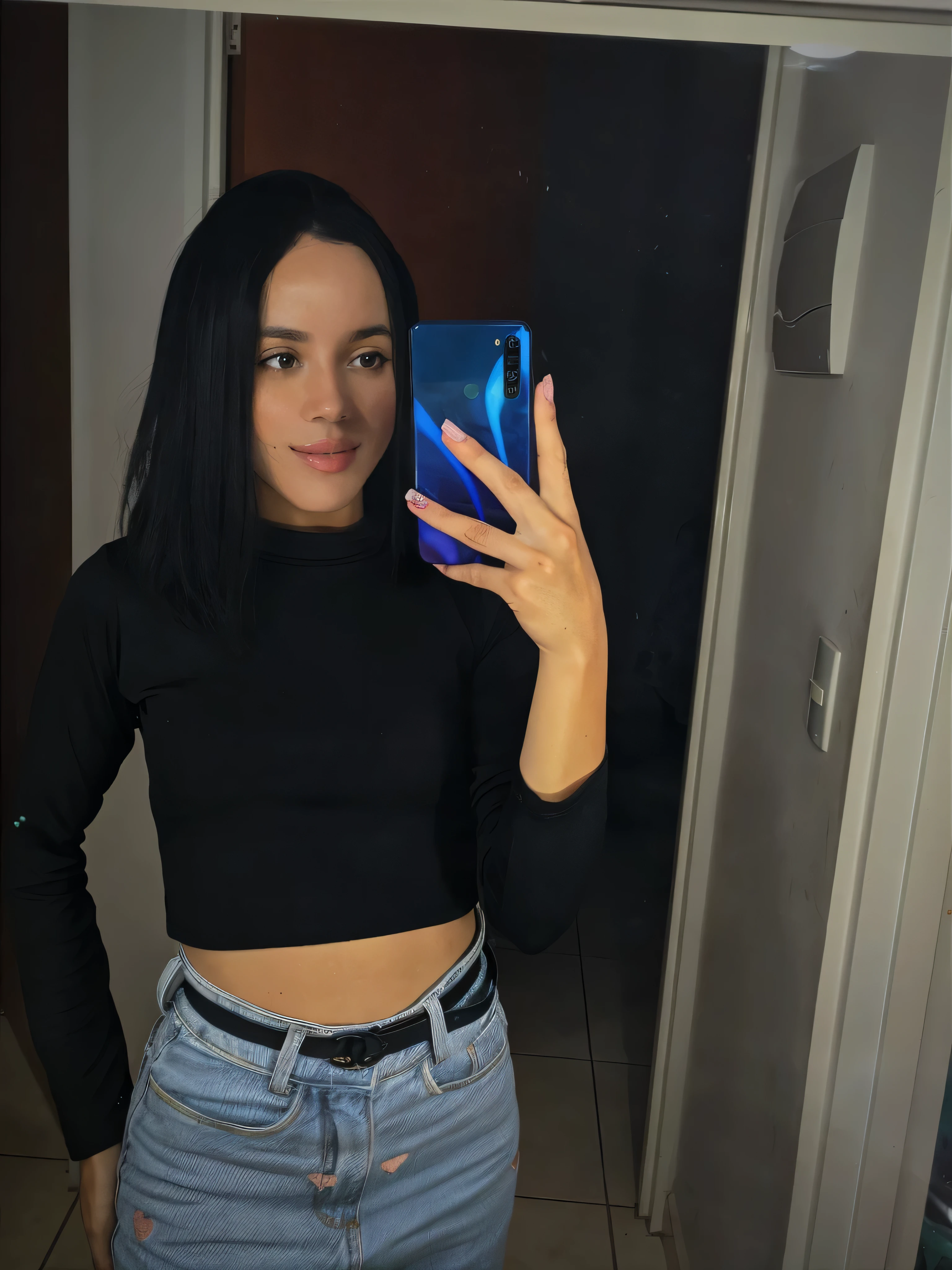 there is a woman taking a selfie in the mirror, selfie de uma jovem, com cabelo preto liso, she is wearing a black blouse, com cabelo preto, fotografia selfie 8k, she is holding a smartphone, usando um top cropped sexy, imagem de qualidade muito baixa, foto frontal, vestindo uma regata preta cortada, vestindo uma blusa preta cropped