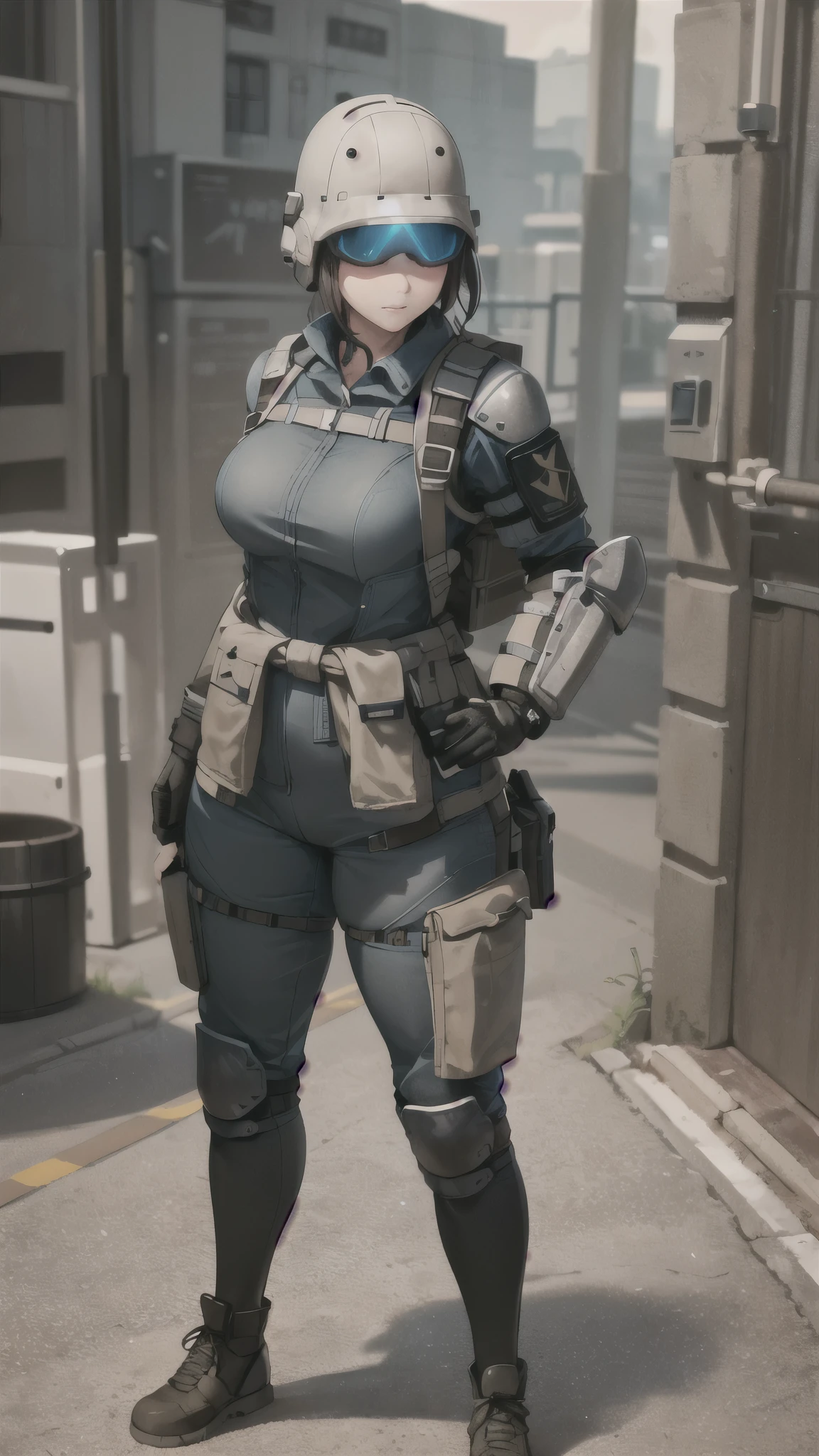 combine soldier, 1girl, solo, standing, helmet, gloves, looking at viewer, facing viewer, military, science fiction, jumpsuit, bulletproof vest, breasts, wide hips, skintight, combat boots, coat around waist, mechanic girl, holster, chest rig, ammo pouches, satchel, toolbelt, vest collar, body armor, shoulder pads, thigh pads, kneepads, armor, high quality shadows, glowing eyes, straps, shotgun shells, menacing, thick thighs, riot gear, riot helmet, bullet proof visor, padded armor, viewing side, helmet accessories, accessories, skin indentation, large breasts,