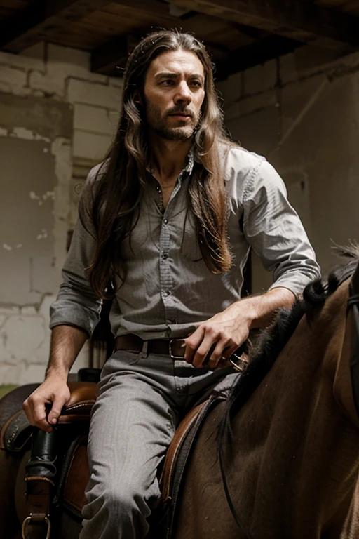 Man, high, brutal, on horses, long hair, slightly gray