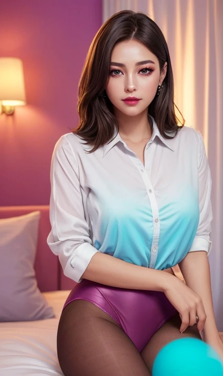 ((Top Quality、16K、​masterpiece:1.3))、a tall and beautiful woman、Perfect Figure:1.4、retro futuristic aesthetic, young woman (charming) solo, pale-brown hair (short hairstyle), realistic hair, realistic eyes, pale-white skin (highlighted, realistic shading)、huge bust、Highly detailed facial and skin texture、(A detailed eye, Symmetry Eyes, Clear realistic eyes, Double eyelidd、Cold-stricken face、Symmetrical face), very  realistic skin, goth makeup, Royal sisters full of fans、The Telegraph Esbian、peach buttocks, white women's shirt, alternative skirt, black tights,  squart、(Raw foto:1.2)、((Photorealcitic:1.4))Top Quality、​masterpiece、Real Photography、very delicate and beautiful.、super detailed CG、Unity、8K photo wallpaper、delicate detail、best qualtiy、Highly detailed CG unity 16k wallpaper、absurderes、Incredibly Absurd、huge file size、extremely highly detailed、Hight Resolution、ighly Details、Beautiful detail girl、extremely beautiful eyes and face, cute eyes look、Facial light、cinematic lightings、(Proportional hips, thick thighs, beautiful legs, realistic pantyhose) 1girll、see -through, inside a futuristic bedroom, neon soft lights in the dark room environment (soft magenta, cyan and pale-yellow ambient lights) , dream atmosphere、ulzzang-6500、The Telegraph Esbian, different poses at different angles,