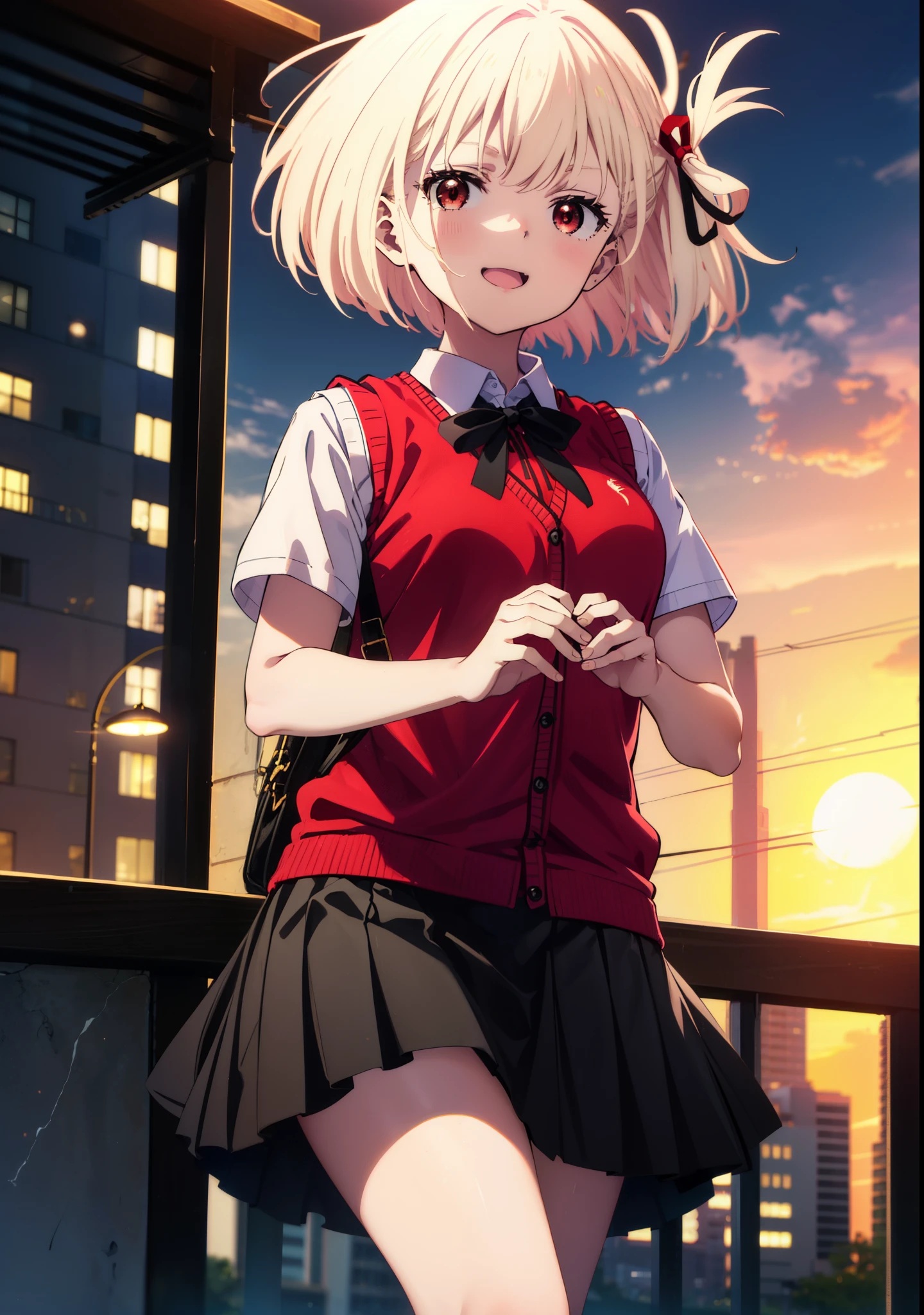 chisatonishikigi, Chisato Nishikigi, short hair, bangs, Blonde, (Red eyes:1.5), hair ribbon, One side up, Bobcut,happy smile, smile, Open your mouth,
white yシャツ, Short sleeve, Pleated skirt, socks, Collared shirt, mini skirt, Black pantyhose, (Black Skirt:1.5), Sweater vest, (red Sweater vest:1.5),Brown loafers,morning,morning陽,The sun is rising,Walking,whole bodyがイラストに入るように,Looking up from bottom to top,
break outdoors, city,
break looking at viewer, whole body,
break (masterpiece:1.2), highest quality, High resolution, unity 8k wallpaper, (figure:0.8), (Beautiful fine details:1.6), Highly detailed face, Perfect lighting, Highly detailed CG, (Perfect hands, Perfect Anatomy),